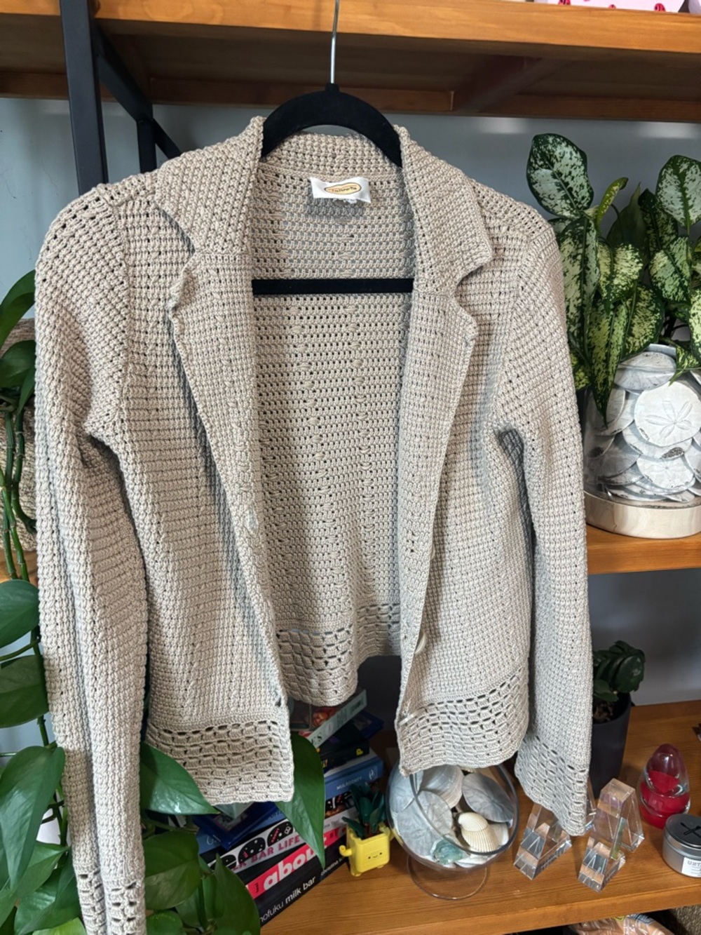 Talbots Light Beige Crochet Knit Blazer Sweater | Small - Picture 2 of 4